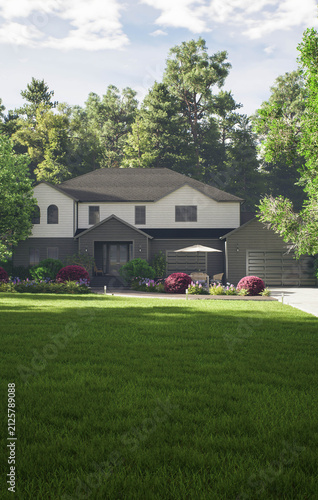 Modern two story house with two garages, green lawn and forest trees