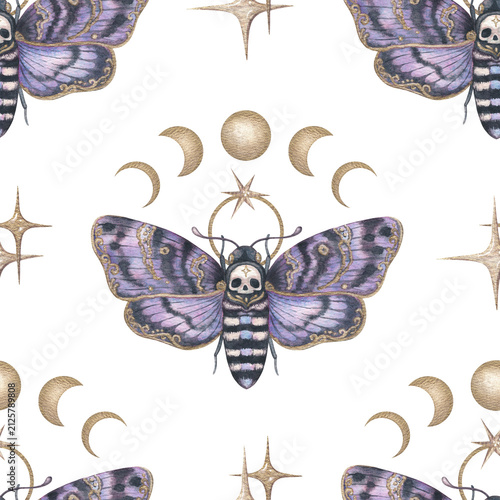 Fotografie Purple death head moth with golden moon phases seamless pattern