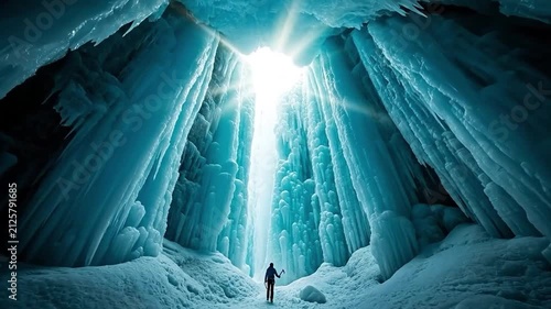 A lone adult male explorer standing inside a majestic glowing blue ice cave illuminated by bright sunlight shining from above, representing adventure and discovery