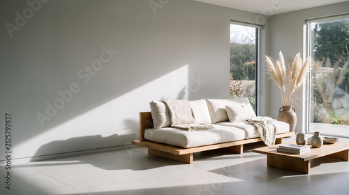 Bright minimalist living room with a low sofa and wooden coffee table