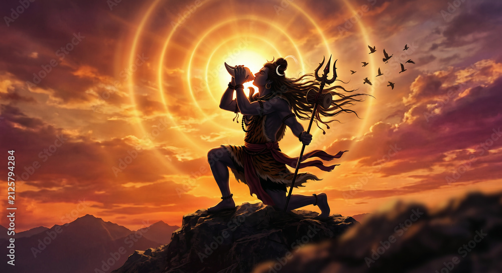 Fototapeta premium Shiva Silhouette Blowing Conch Shell at Sunset, Sacred Sound Om Illustration