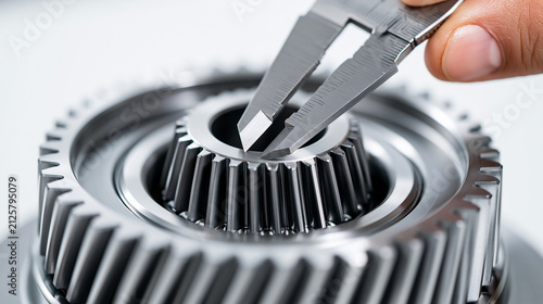 Engineer inspecting a mechanical part with calipers, precision measurement, high-quality manufacturing