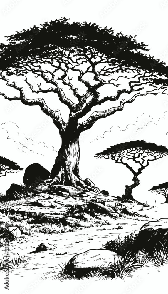 Fototapeta premium African Acacia Tree with Rocky Savannah Landscape, Black and White Line Art
