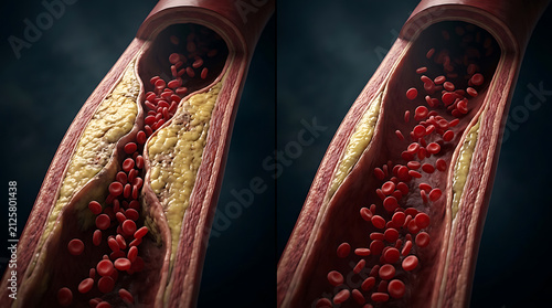 Detailed cross-section of an artery showing buildup of plaque and blood flow obstruction with red blood cells