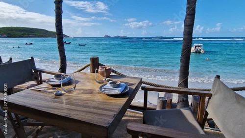 Saint Barth Island, Caribbean Sea. Beachfront Restaurant Table With View of Turquoise Water