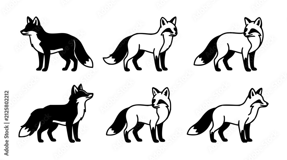 Obraz premium Six foxes set with minimalist line art featuring white background, vector illustration, and sleek design