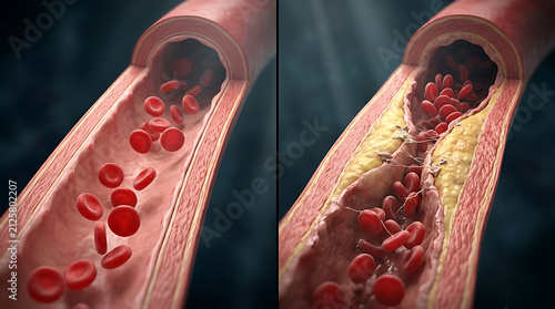 detailed cross-sectional view of an artery showing blood flow and plaque buildup illustrating cardiovascular health issues with