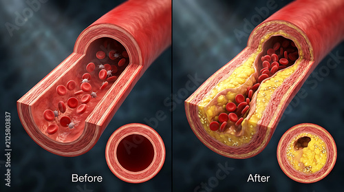 illustration of a blood vessel before and after a medical intervention highlighting plaque buildup and removal process for