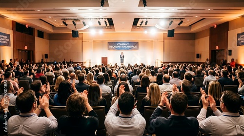 Business People Applauding during Company Recognition Awards Event in a Conference Hall.