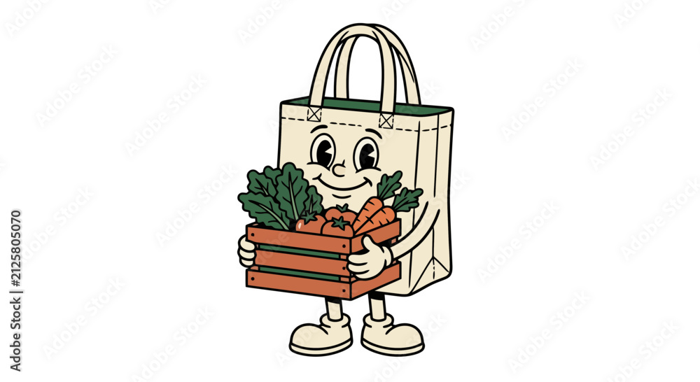 Naklejka premium Cute cartoon tote bag character holding a wooden crate of fresh vegetables