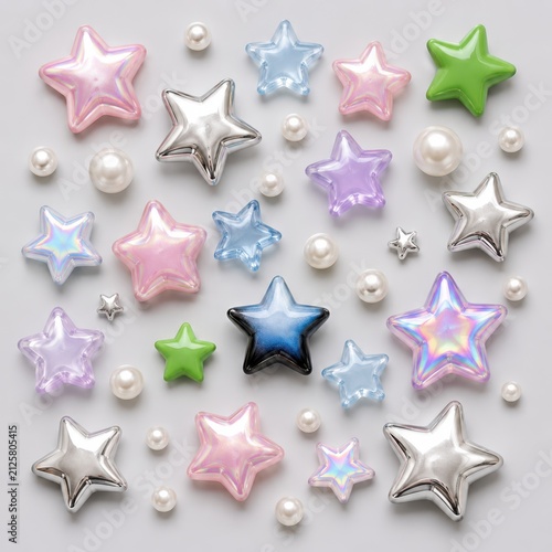 scattered shiny star and pearl embellishments in pastel metallic and blue shades.