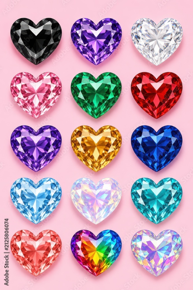 Fototapeta premium Colorful gemstone heart collection featuring ruby emerald sapphire and diamond cuts on pink background.