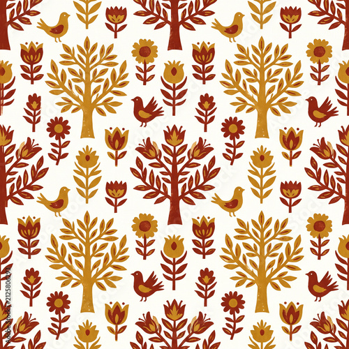 Seamless folk art pattern featuring rustic trees, traditional flowers, and charming birds in warm autumn colors for textile design background