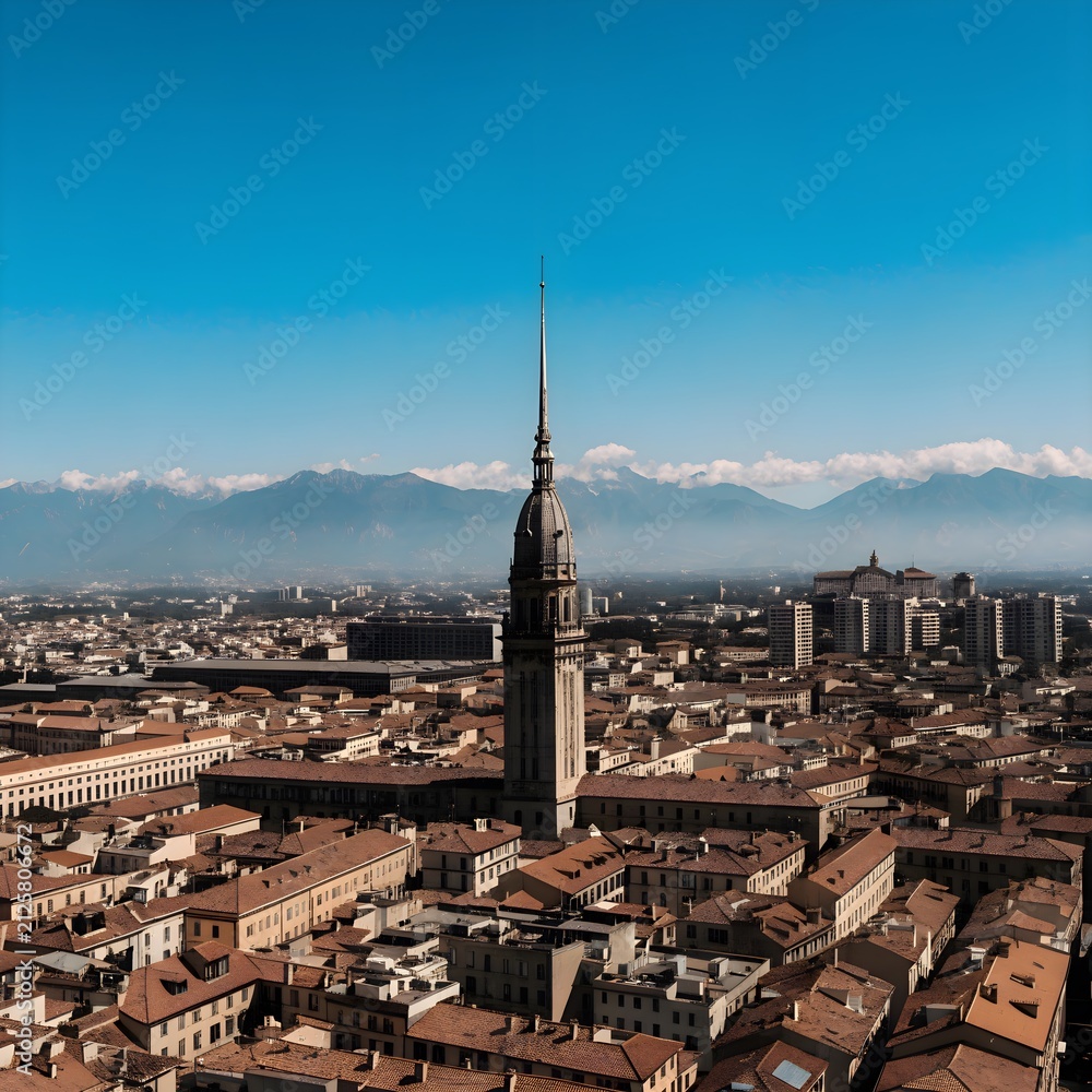 Obraz premium Captivating European cityscape, a majestic spired historic architecture landmark dominating the skyline, set against a backdrop of distant snow-capped mountains under a vibrant blue sky