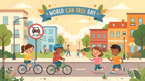 World car free day celebration in city with children cycling no cars children