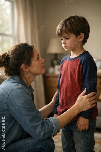 Woman in denim shirt kneeling and holding hands with young boy in green shirt, engaged in a serious conversation inside a cozy living room with soft lighting