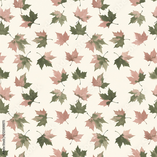 Seamless autumn pattern with watercolor maple leaves in gentle green and pink tones on a light background for stylish fall textiles and papers