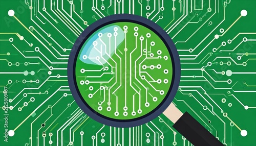 Magnifying Glass Examining Green Circuit Board Technology Pattern