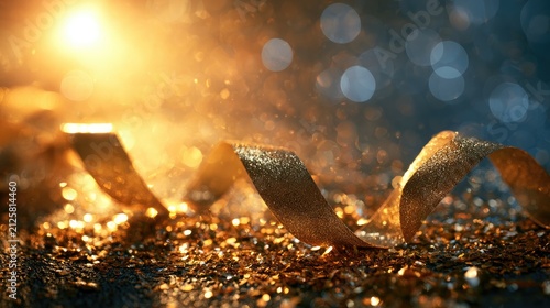 Glittering gold ribbon and sparkles against a bokeh background