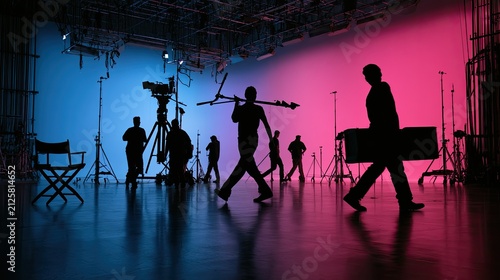 Silhouetted figures and equipment in a film studio, bathed in blue and pink light