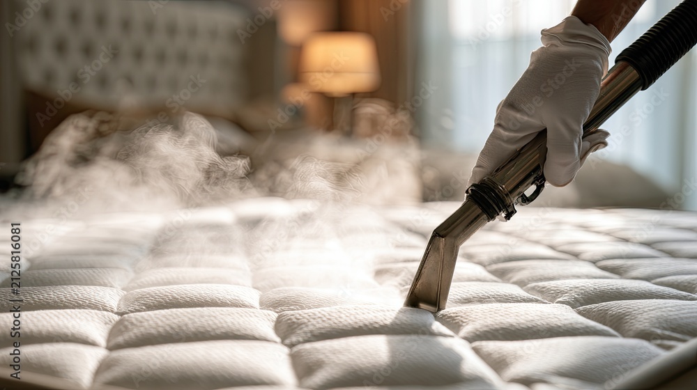 Naklejka premium Professional cleaning of a quilted mattress with a steam extractor