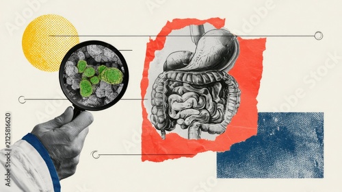 Close-up of magnified microorganisms viewed by hand, next to anatomical digestive system
