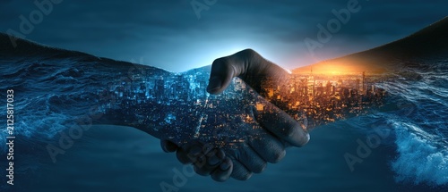 Two hands clasping, superimposed with contrasting cityscapes and ocean waves