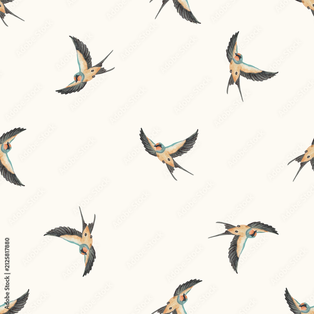 Obraz premium Watercolor swallow birds seamless pattern on ivory background