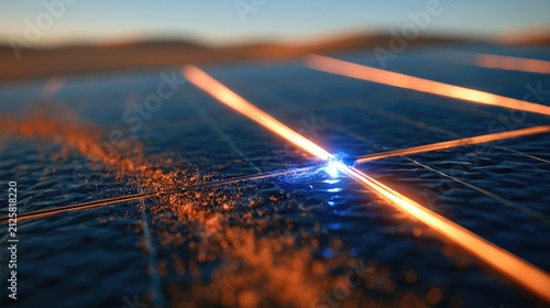 Close-up of photovoltaic panel grid with glowing energy flow