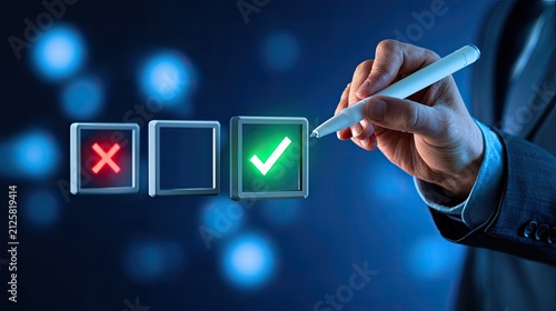 Hand marking a choice on a glowing digital checklist with blue bokeh background