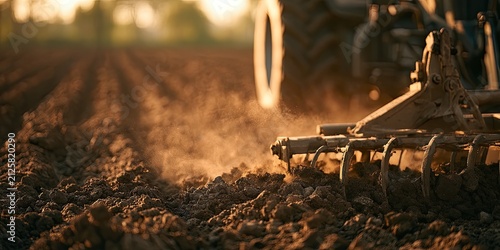 A large machine tills a dusty field at sunset, preparing the soil