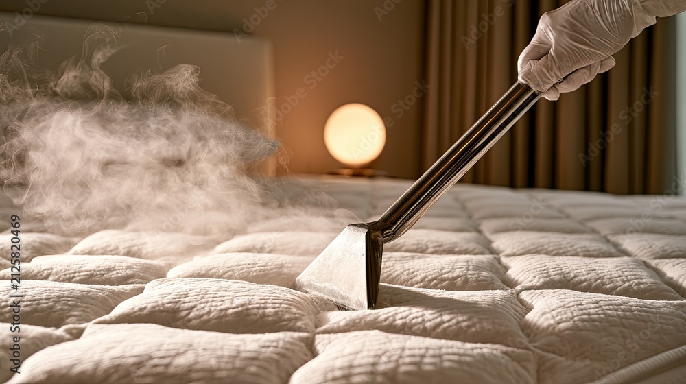 Obraz premium Mattress being deep cleaned with steam from a handheld appliance