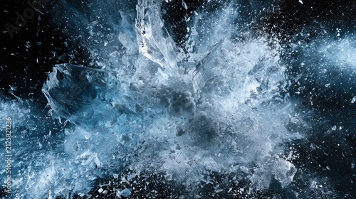 Frozen fragments explode outward in a dazzling, icy spectacle against dark