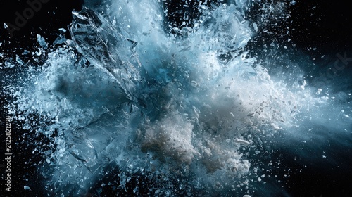 Ethereal ice shards and water droplets explode outward against a dark backdrop