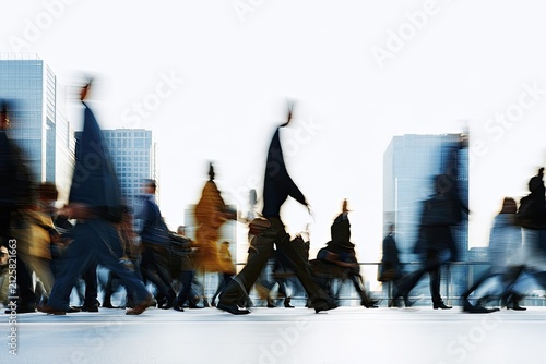 Blurred figures of people in motion against a backdrop of modern city buildings