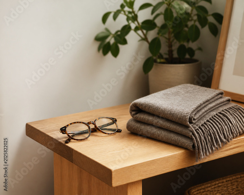 afterhours. Tortoiseshell eyeglasses and folded wool scarf on oak bench, cozy home lifestyle and fashion concept. lifestyle magazines.