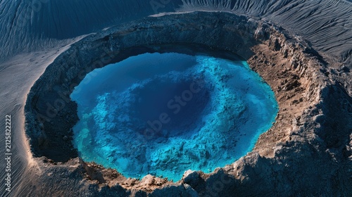 Crater lake's stunning azure waters contrast with barren, rocky, volcanic terrain