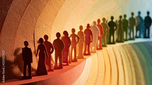 Paper figures ascend a gradient of colors, shadows casting