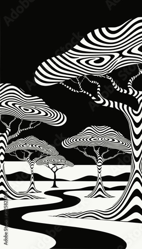 Stylized Trees and Path in Black and White Optical Illusion
