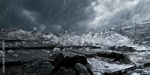 Heavy rainfall on a damaged shingle roof with stormy clouds overhead