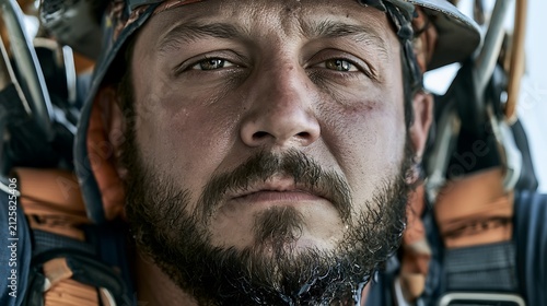 Prompt: A raw, vertical-feeling portrait captured horizontally. An electrician leaning against safety harness equipment, sweat dripping from his chin, face flushed from heat and physical strain. 