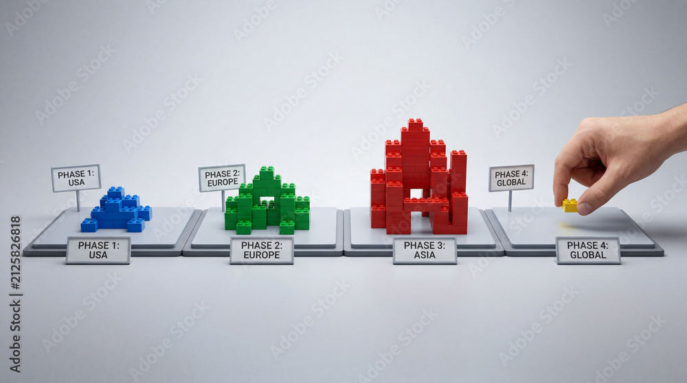 Fototapeta premium Business expansion strategy concept with lego blocks representing phases from usa to global market growth