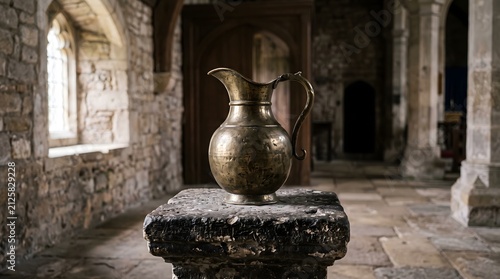Ancient Brass Ritual Water Pitcher Displayed in Historic Sanctuary