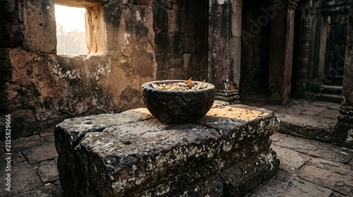 Ancient Temple Offering Bowl Resting on Weathered Stone in Soft Morning Light