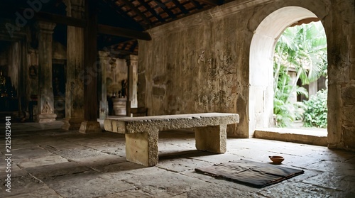 Stone Meditation Bench Inside Peaceful Historic Temple Interior