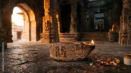 Ancient Stone Oil Lamp Resting on Historic Temple Floor at Sunset