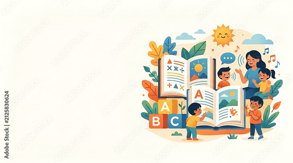Fototapeta premium Children and teacher learning together with large books and blocks