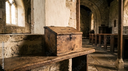 Handcrafted Wooden Offering Box Inside Historic Worship Hall