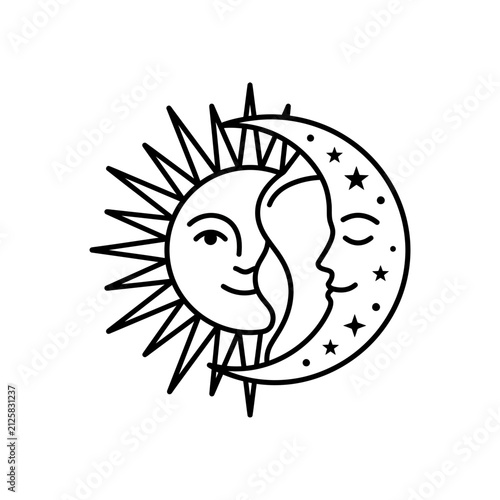 Minimalist Line Art Illustration of Celestial Sun and Moon with Human Faces Symbolizing Balance and Mysticism