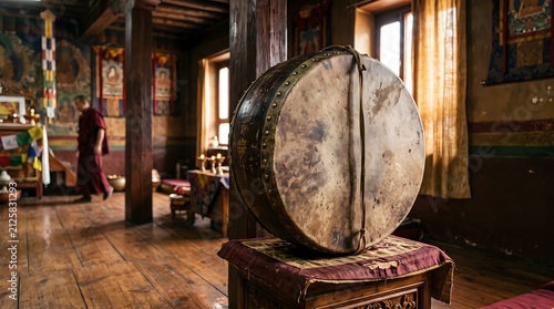 Decorated Prayer Drum Resting Inside Traditional Monastery Hall
